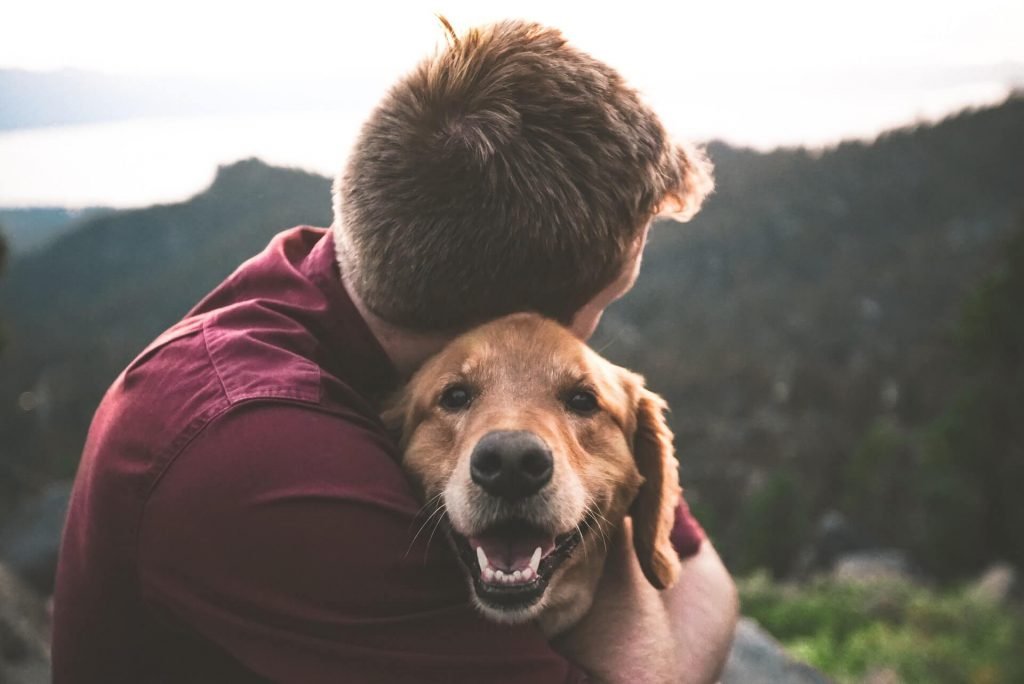 man hugging his dog relaxing things to do