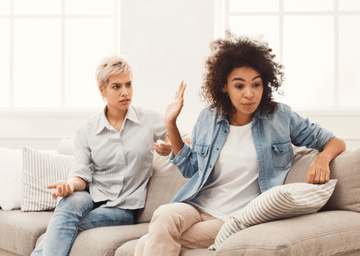 women arguing on sofa stop being so sensitive