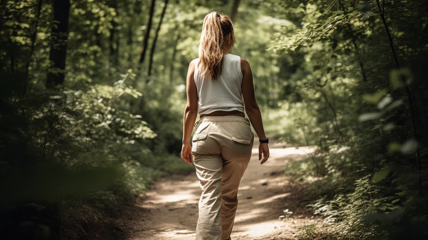 AI-generated image of a woman walking in a forest trail