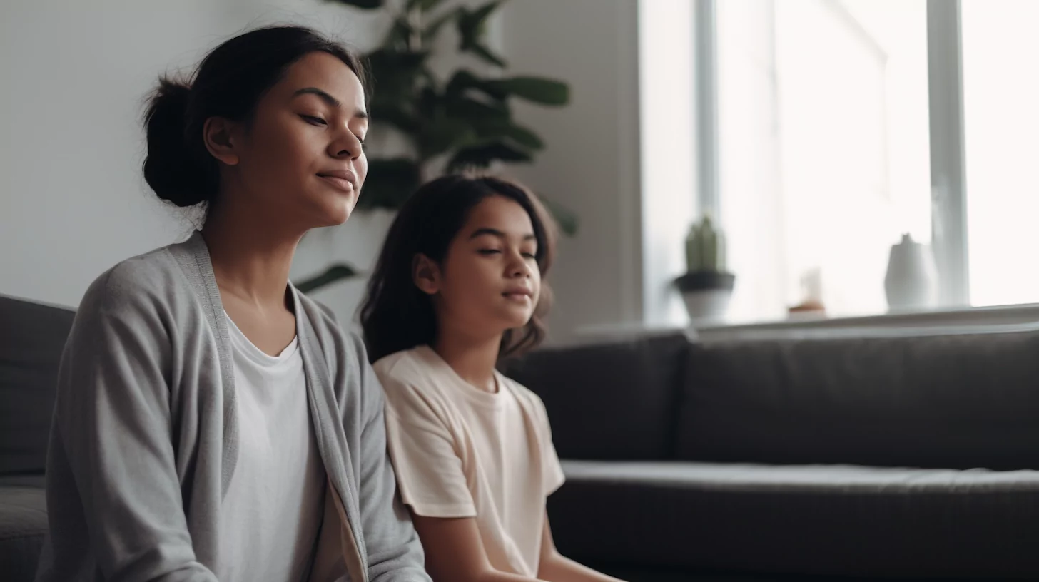 AI-generated image of a mother and daughter practicing meditation