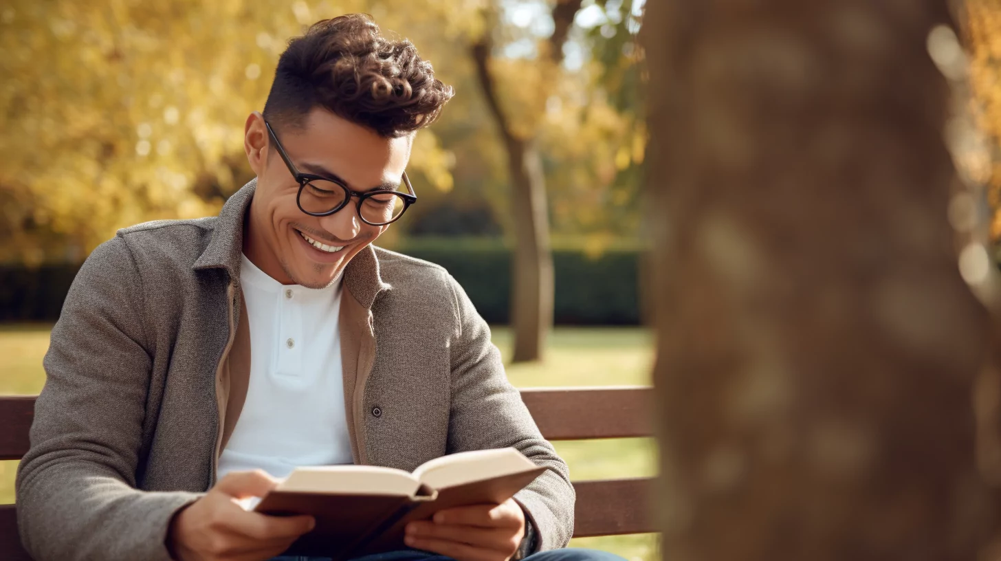 AI-generated image of a man reading a book outdoors and using his left vs. right brain