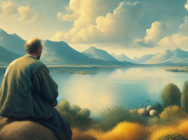 A painting of a man out looking over a lake.